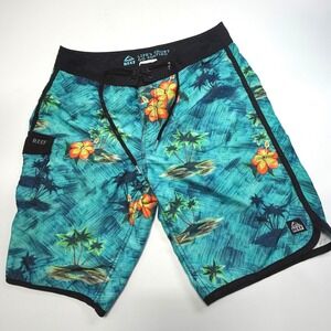 Reef Tropical Board Shorts Mens 32 Teal Floral Surf Swim